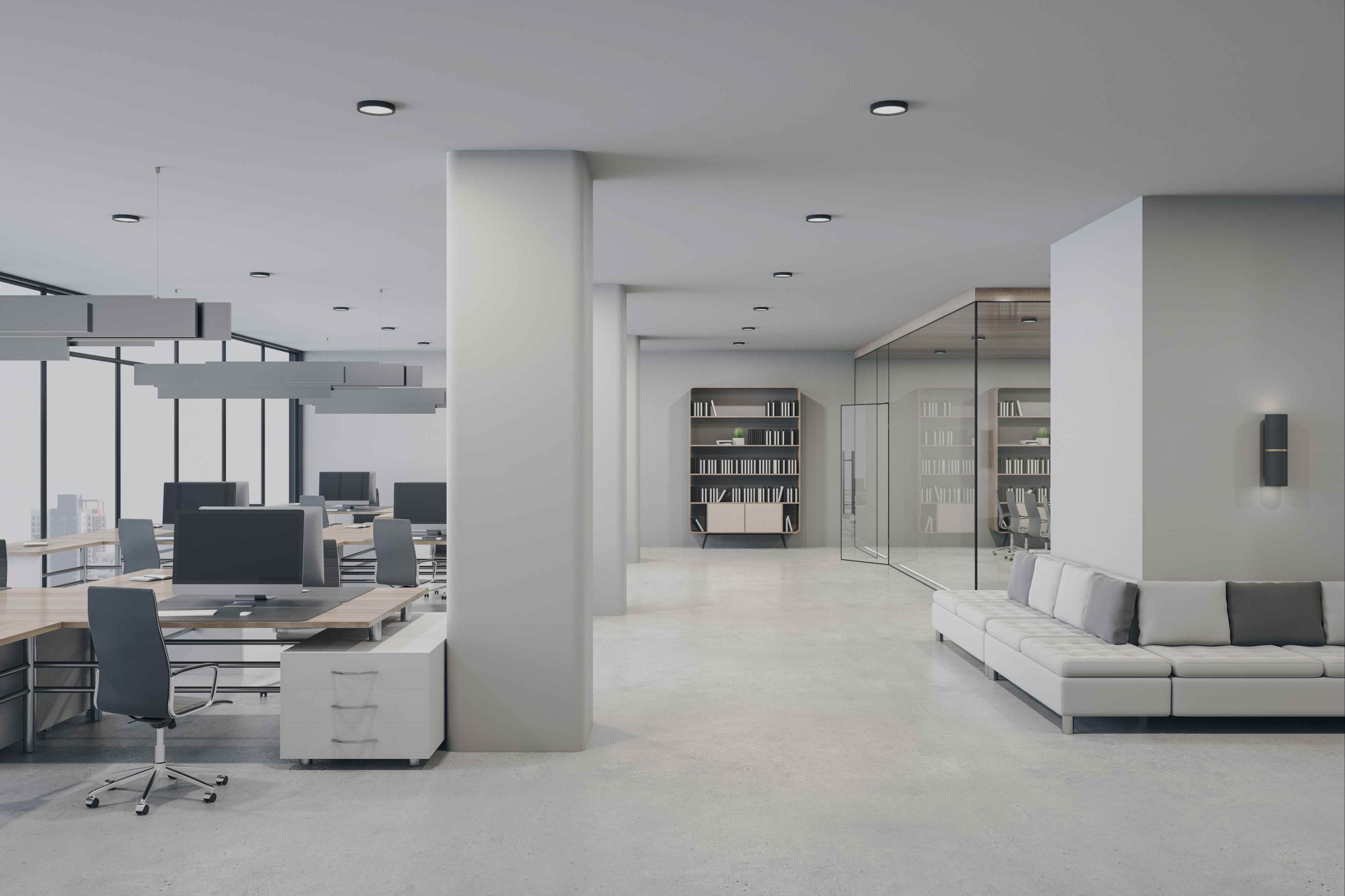 Modern minimalist office interior with open workspace, glass meeting rooms, and contemporary design