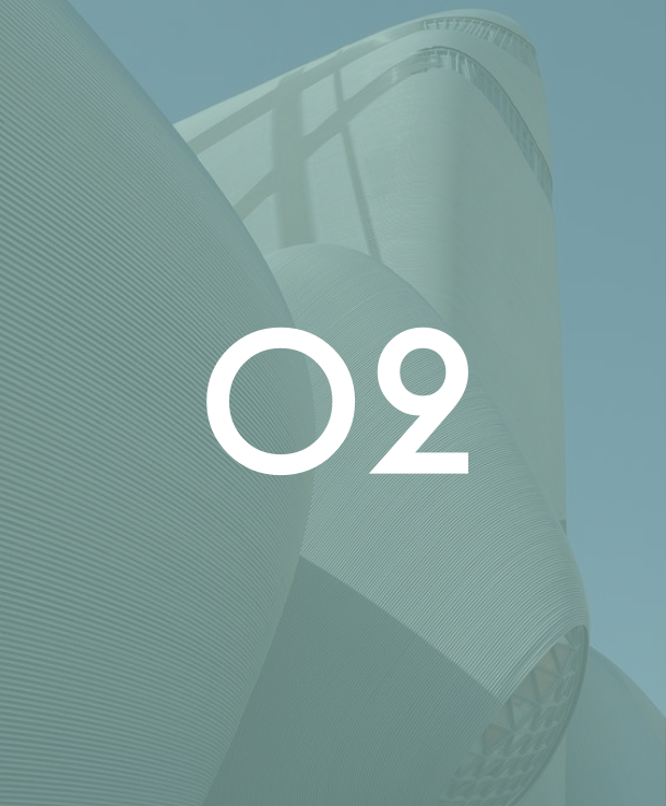 Card 02 - House of expertise - Modern curved architectural structure with flowing teal design