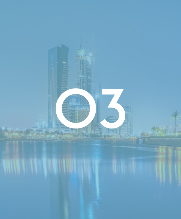 Card 03 - International network - Modern city skyline with tall buildings reflected in water representing global reach