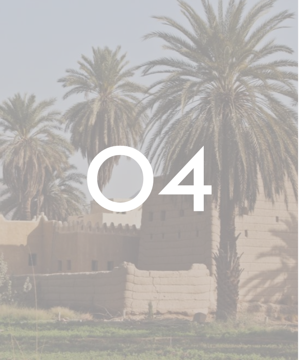 Card 04 - Social impact - Palm trees and traditional Middle Eastern architecture representing cultural heritage and community care